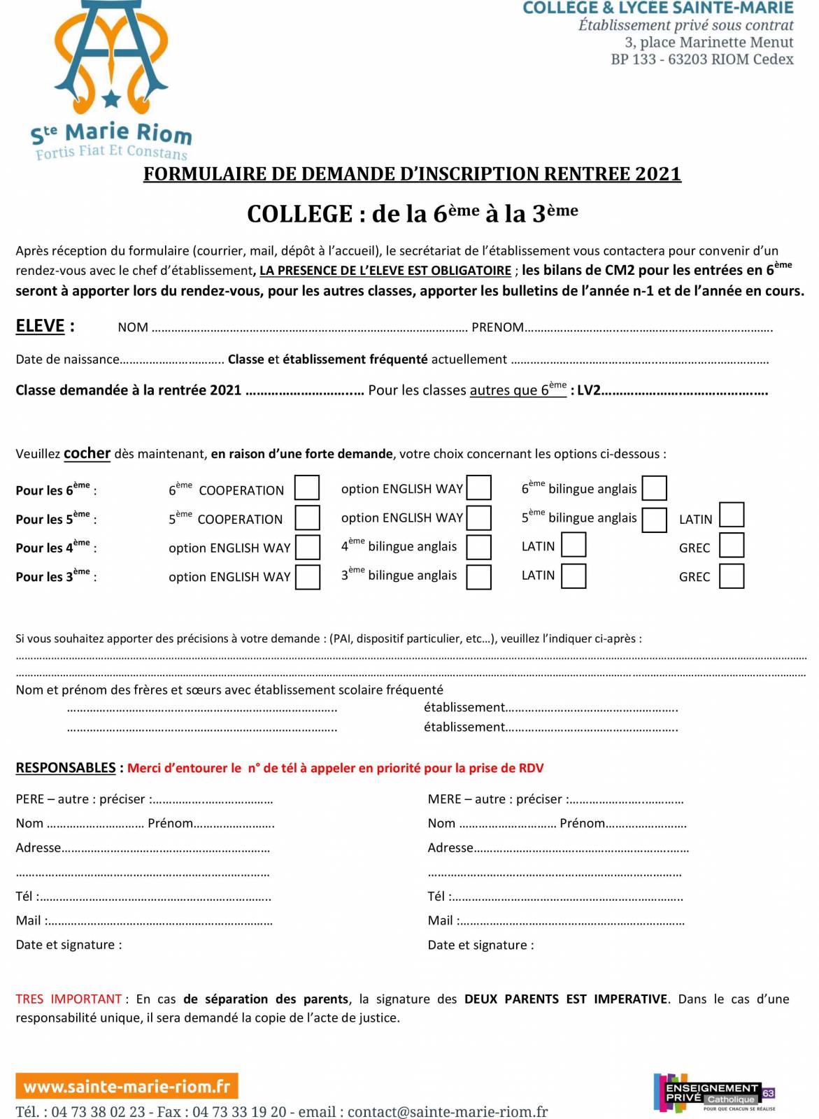 formulaire d’inscription 2021-22 collège (2) – Sainte-Marie